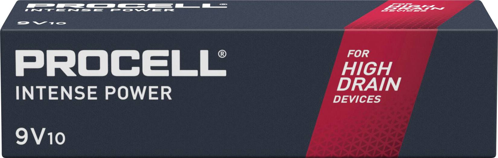 The image shows a pack of Procell Intense Power 9V10 batteries. Text on the red stripe: 'For High Drain Devices'.