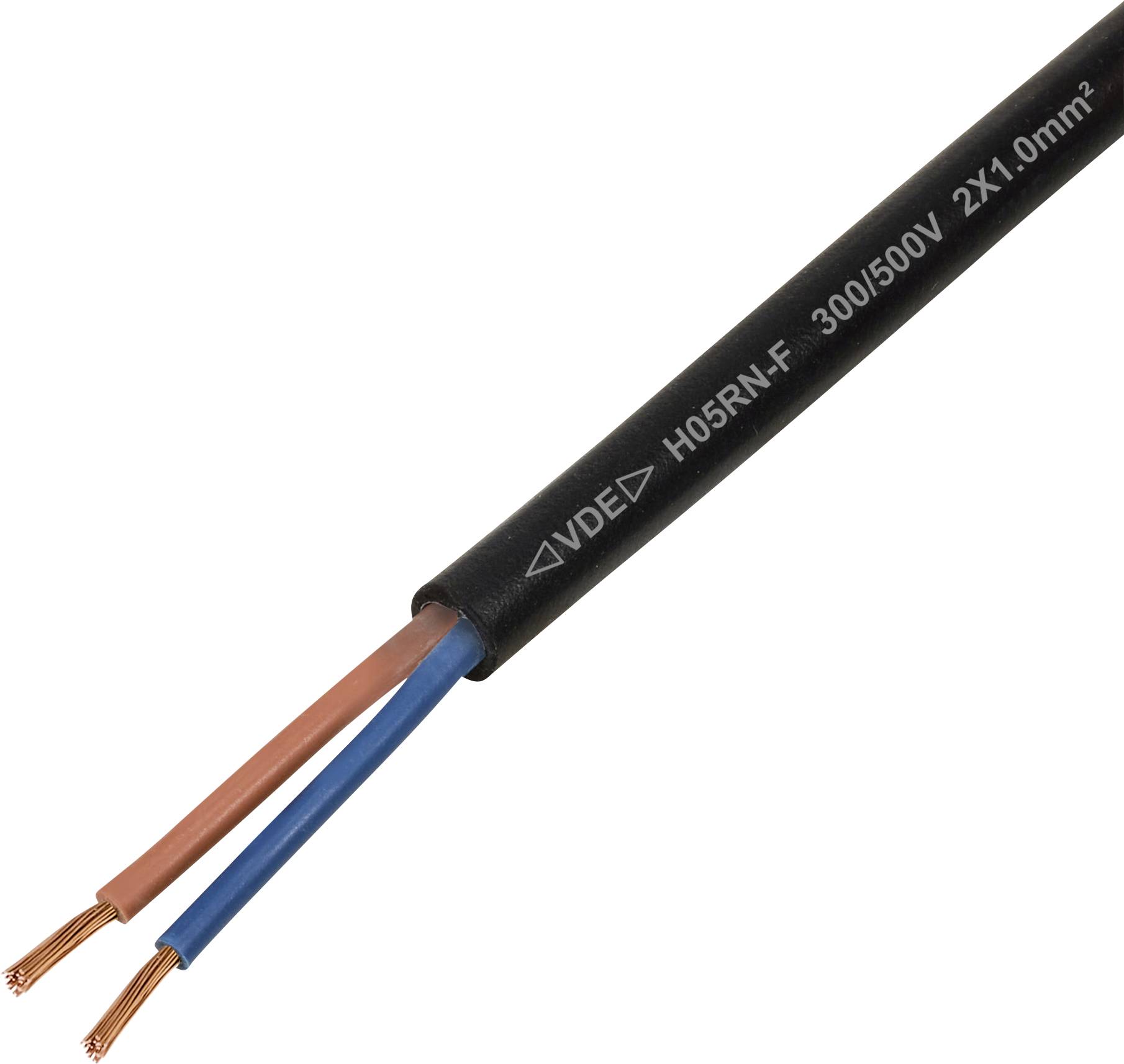A close-up image of a black electrical cable labeled 'VDE H05RN-F 300/500V 2X1.0mm²' showing two exposed copper wires, one blue and one brown.