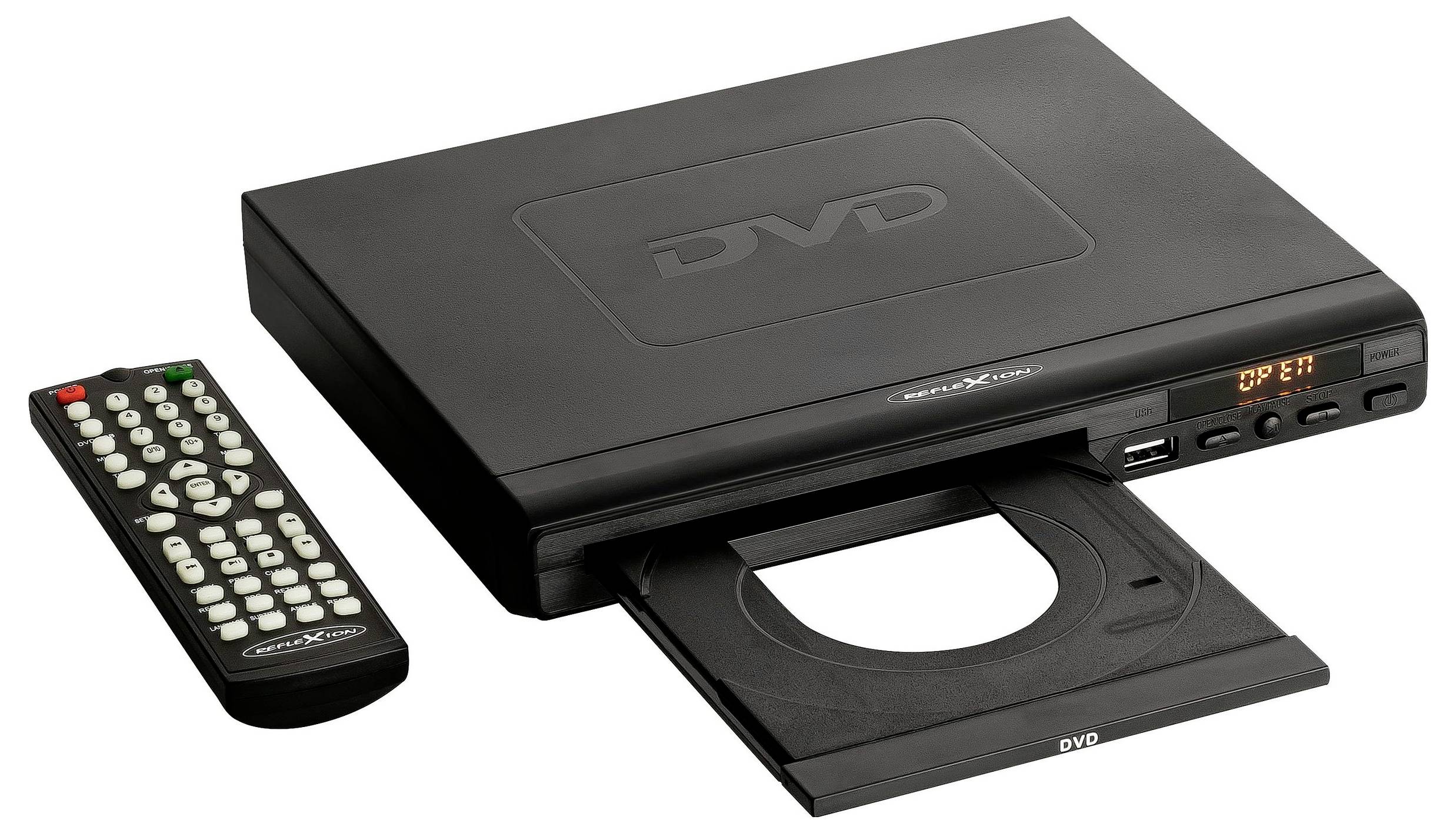 Black DVD player with open disc tray and remote control on a white background.