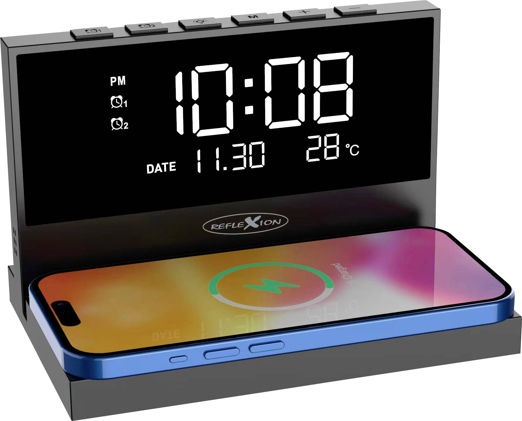 Digital alarm clock with temperature display. It shows '10:08', date '11.30', and temperature '28°C'. A smartphone is being wirelessly charged.