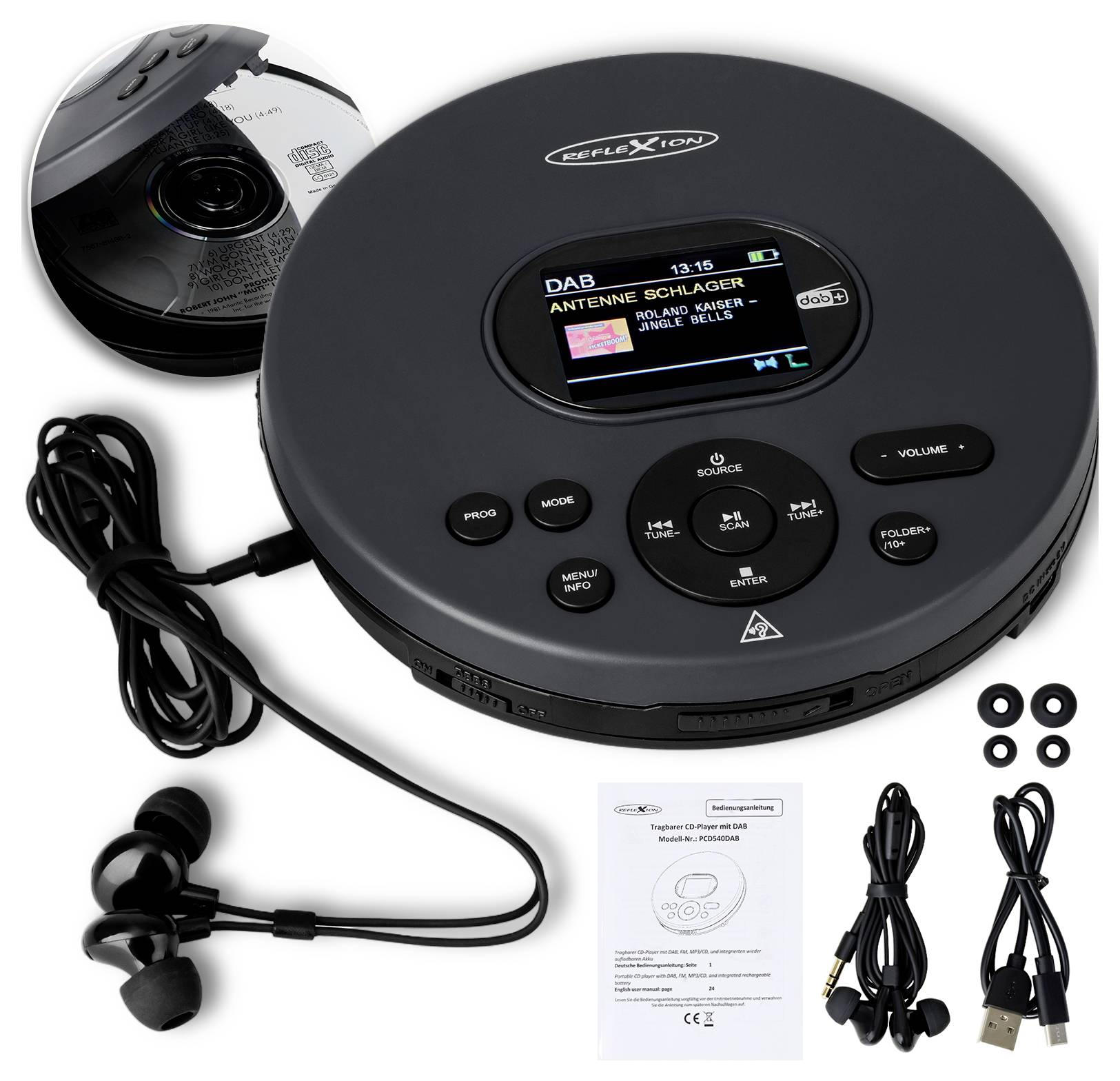 Portable CD player with DAB radio, showing the unit, earbuds, USB cable, power cord, manual, and a CD in the package.