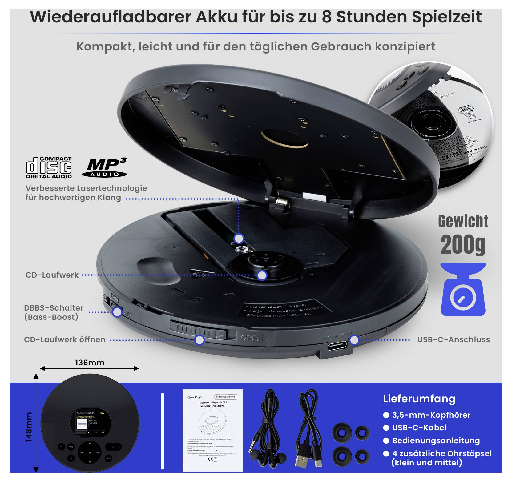 Advertising graphic for a portable CD player with rechargeable battery for up to 8 hours of playing time; shows features such as DBBS bass boost, USB-C and weight of 200 g.
