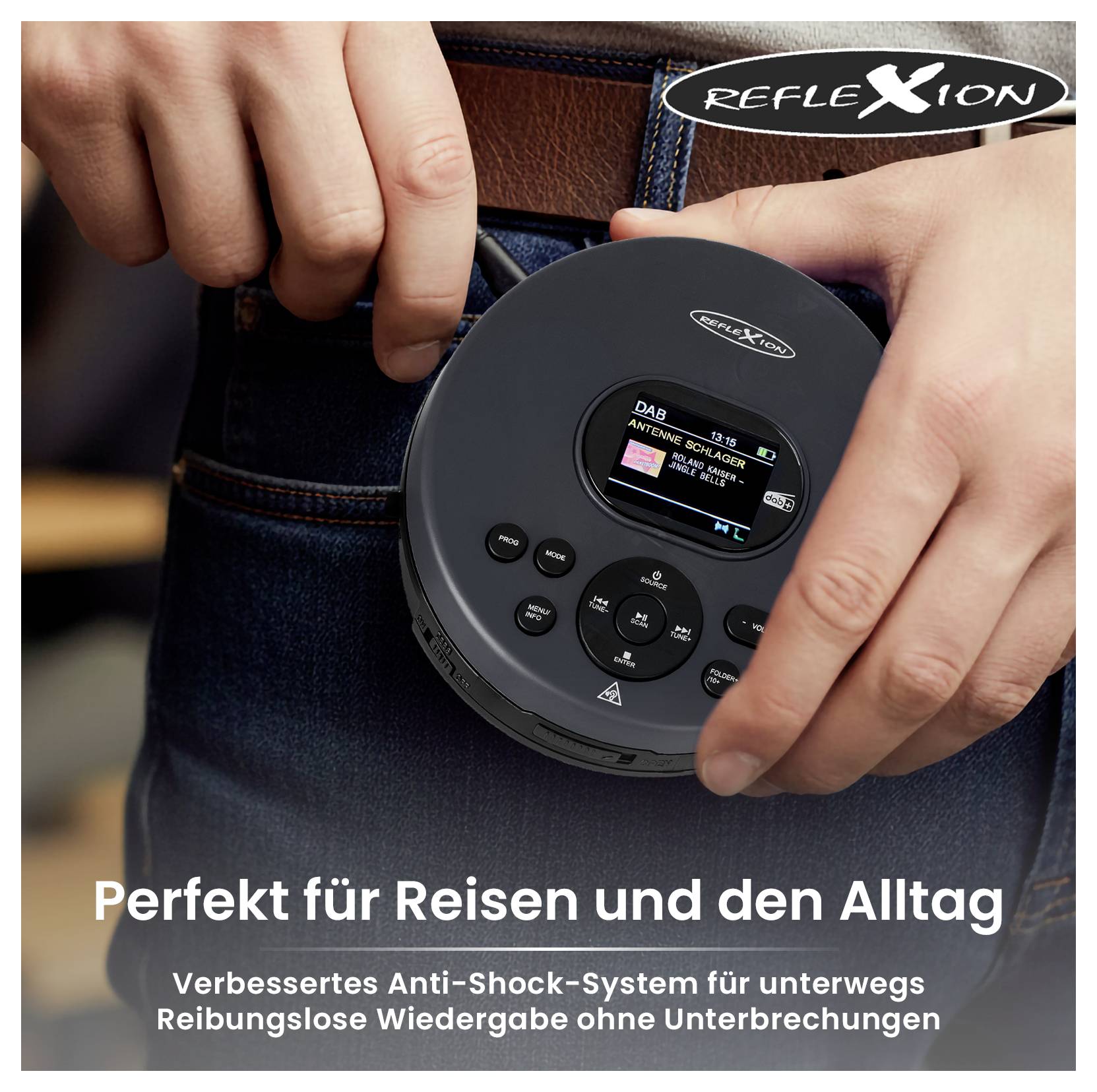 Person holding a portable CD player with display; advertising graphic for 'REFLEXION' with text 'Perfect for travel and everyday use' and reference to anti-shock system.