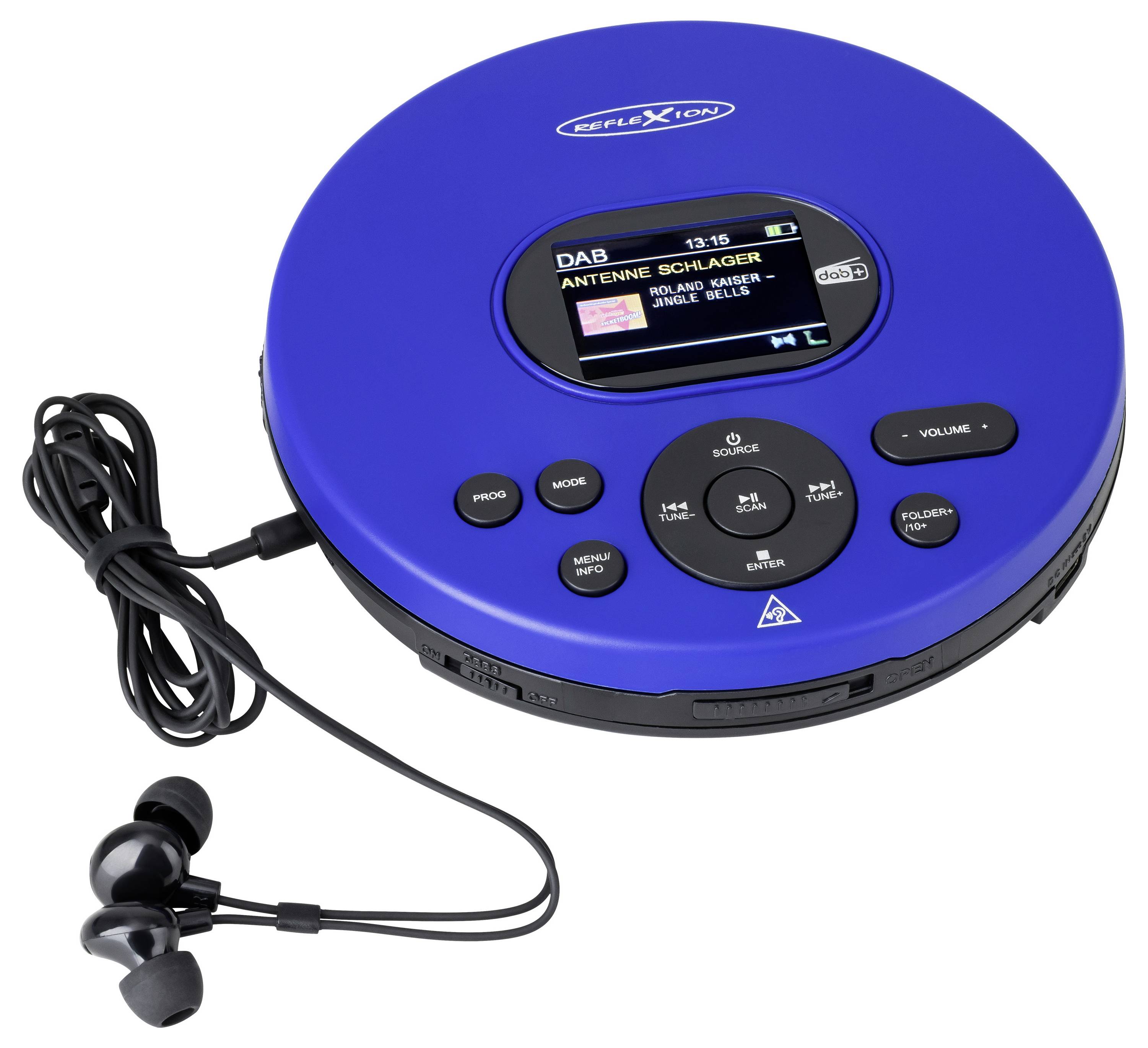Blue portable CD player with built-in display and wired earbuds, shown on a white background.