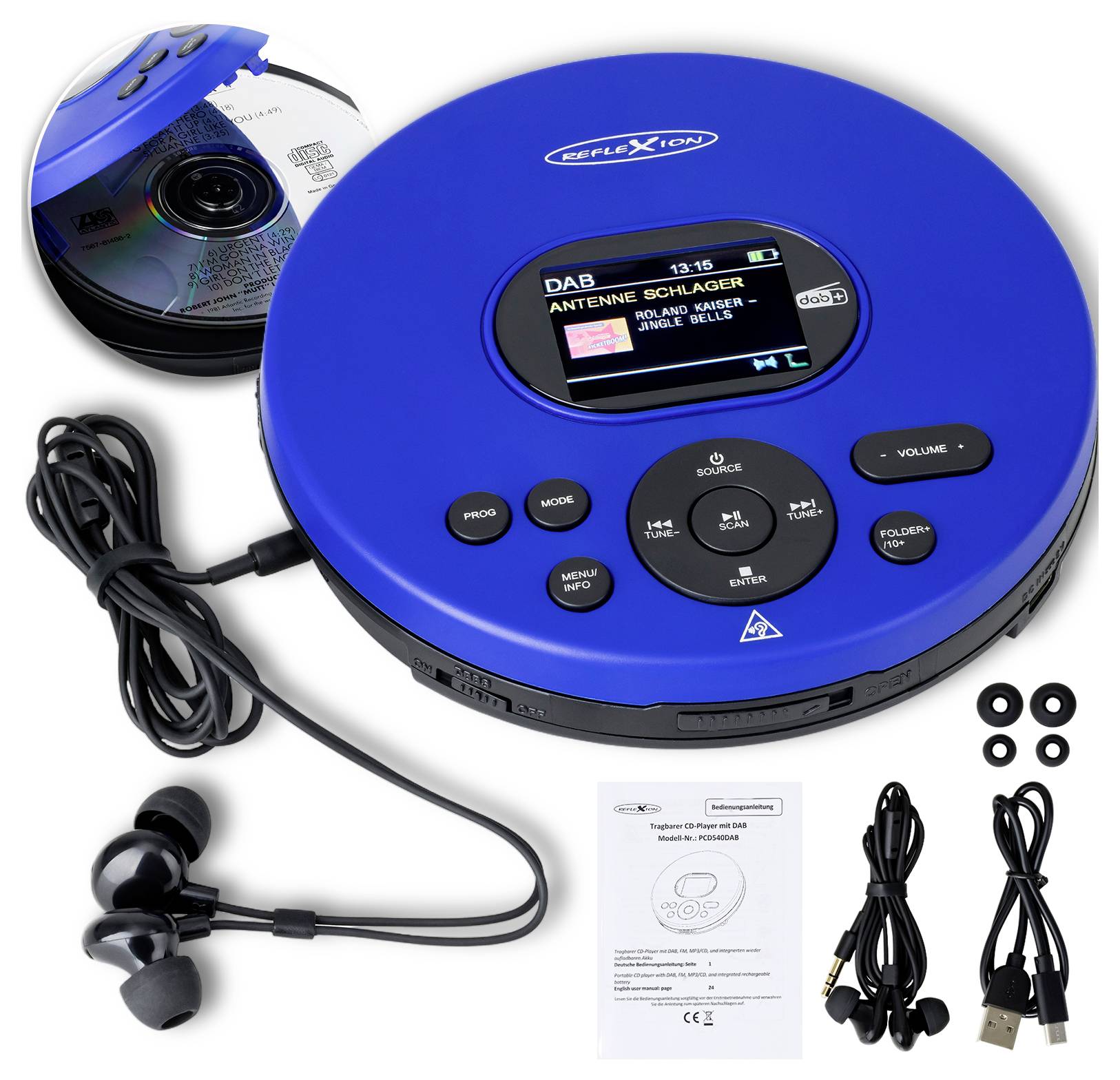Blue portable CD player with display and controls, shown with earbuds, charging cable, USB cable, manual, and disc in packaging.