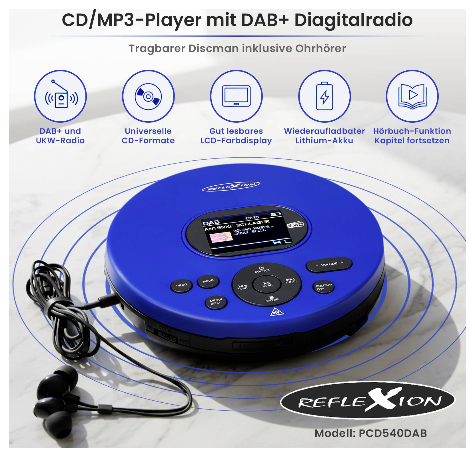 Blue portable CD/MP3 player with DAB+ digital radio, LCD display and headphones; advertised with battery, FM radio and audiobook function.