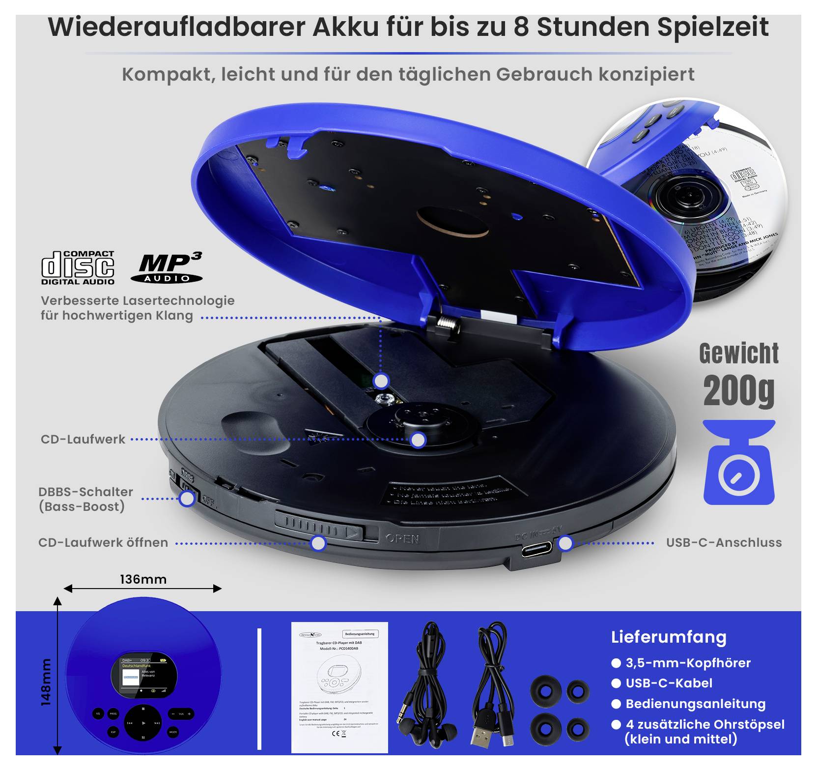 Portable CD player with flip-open lid, 8-hour battery life, 200 g weight, USB-C connection and supplied with cable, instruction manual and earbuds.