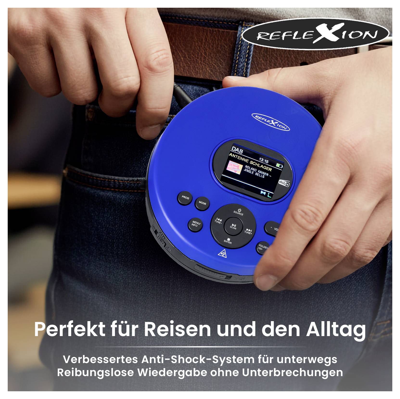 Hand holding a blue portable CD player with display and buttons; advertising text: 'Perfect for travel and everyday use' and 'Enhanced anti-shock system'.