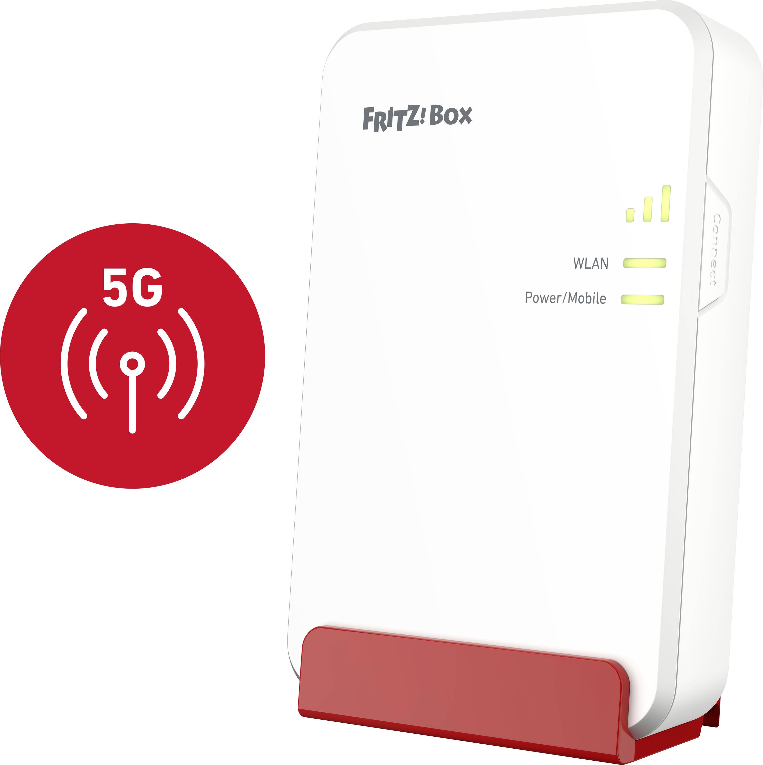 A white Wi-Fi router from the 'FRITZ!Box' brand, beside a red 5G symbol indicating fast internet with 5G support.
