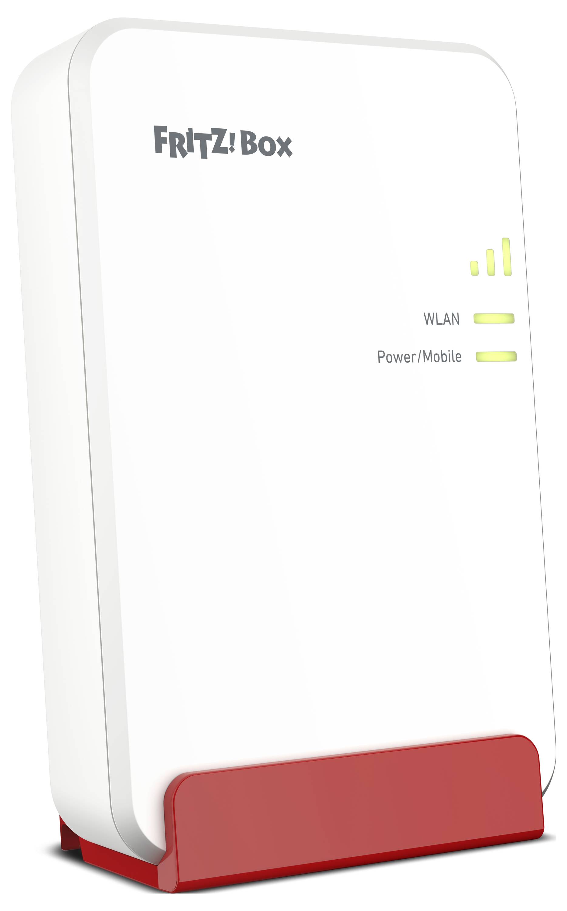 White FRITZ!Box with illuminated Wi-Fi and Power/Mobile indicators. Standing upright on a red base.