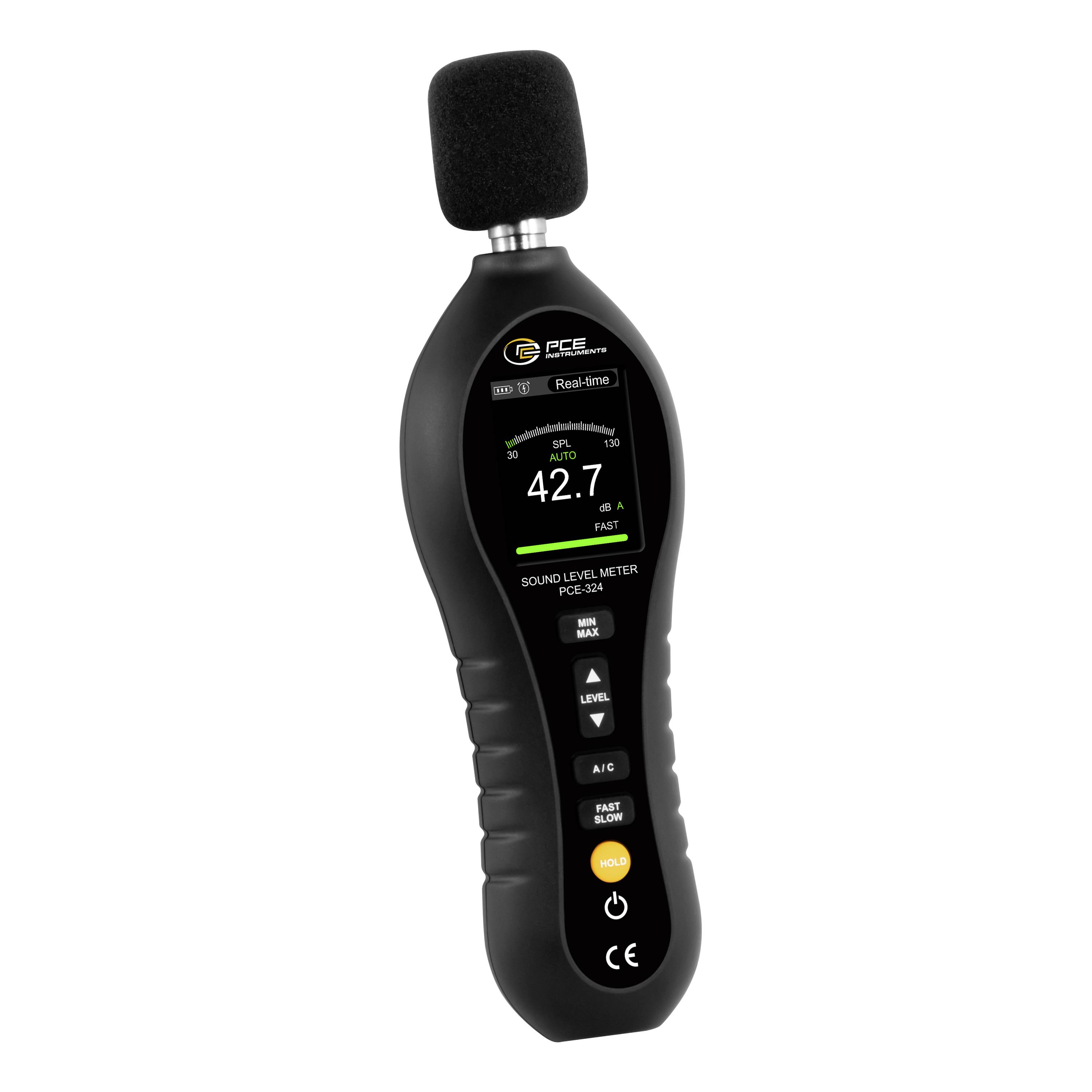 Handheld sound level meter with foam microphone, showing a digital reading of 42.7 dB A on its display.
