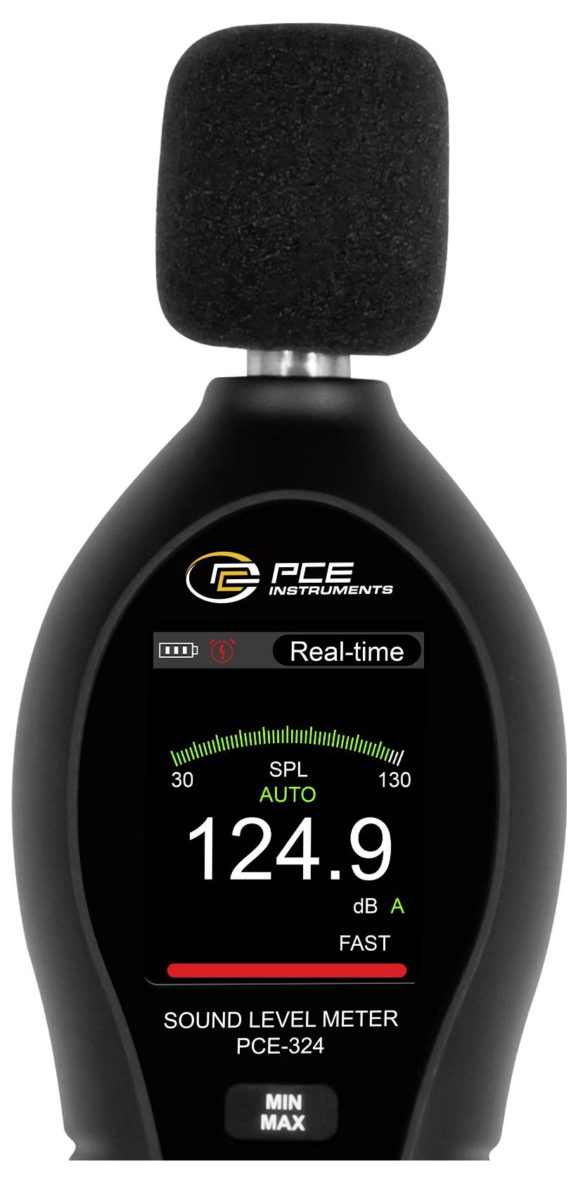 Handheld PCE sound level meter showing real-time SPL at 124.9 dB A, with min/max button and red level bar.