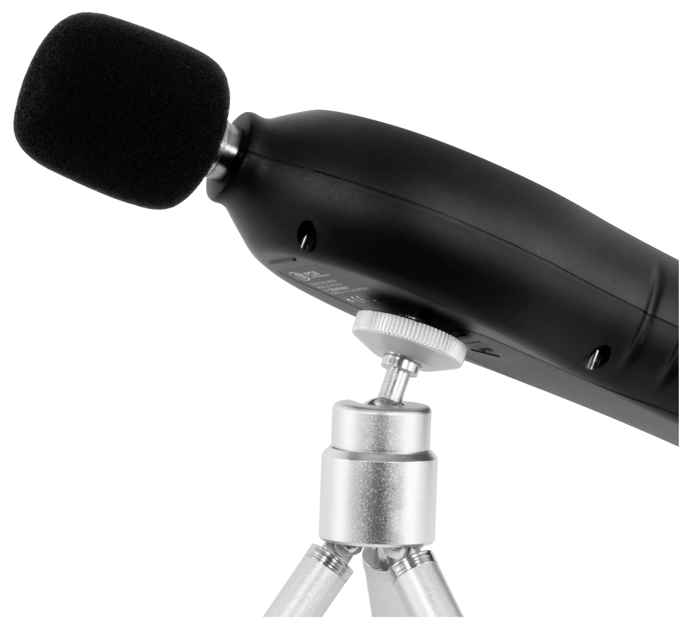 Black handheld microphone mounted on a silver tripod stand against a white background.