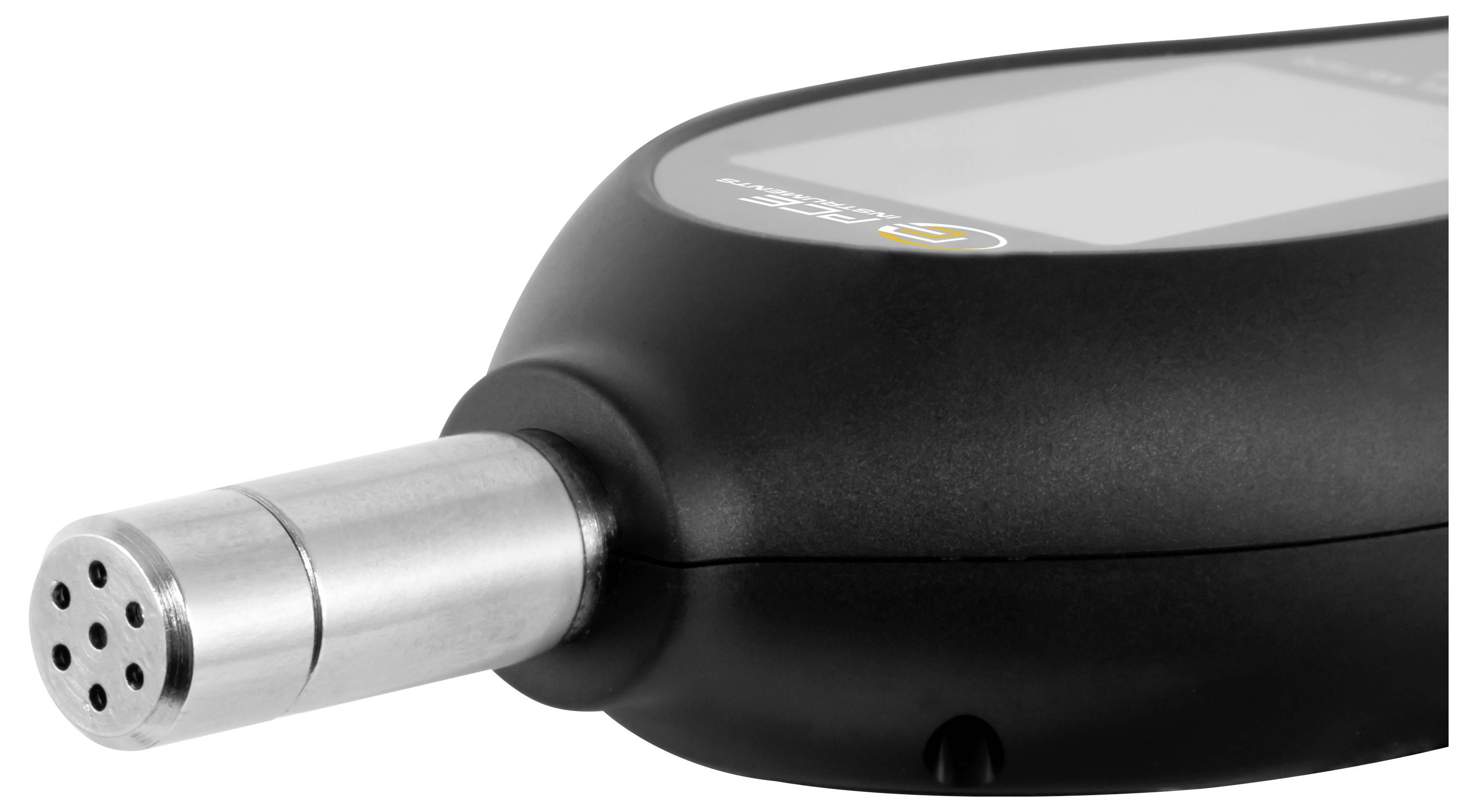 Close-up of a black handheld device with a silver cylindrical metal probe extending from the front.