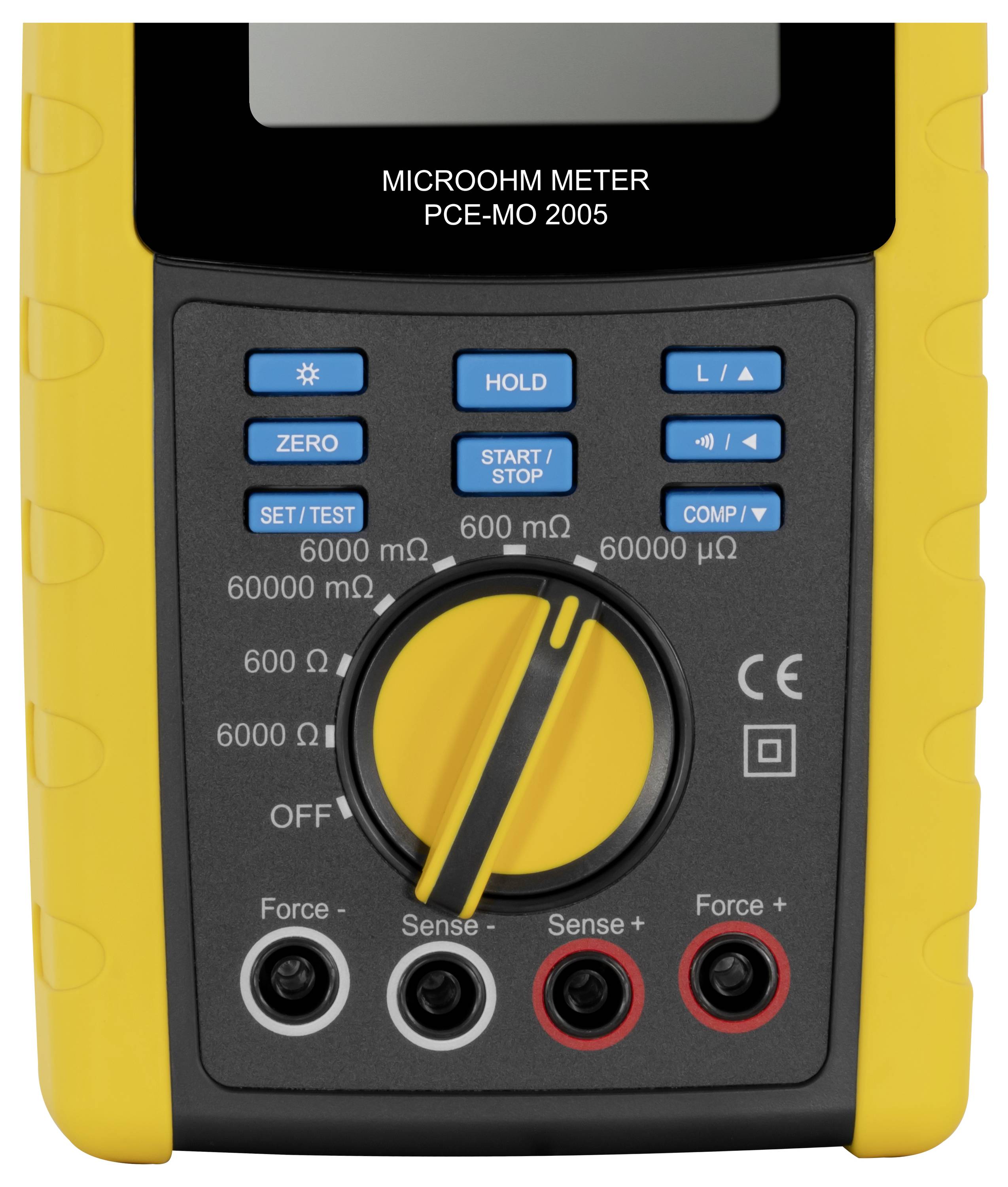 Digital micro-ohmmeter labeled 'MICROHM METER PCE-MO 2005' with a central selector dial and four front test terminals for resistance measurements.