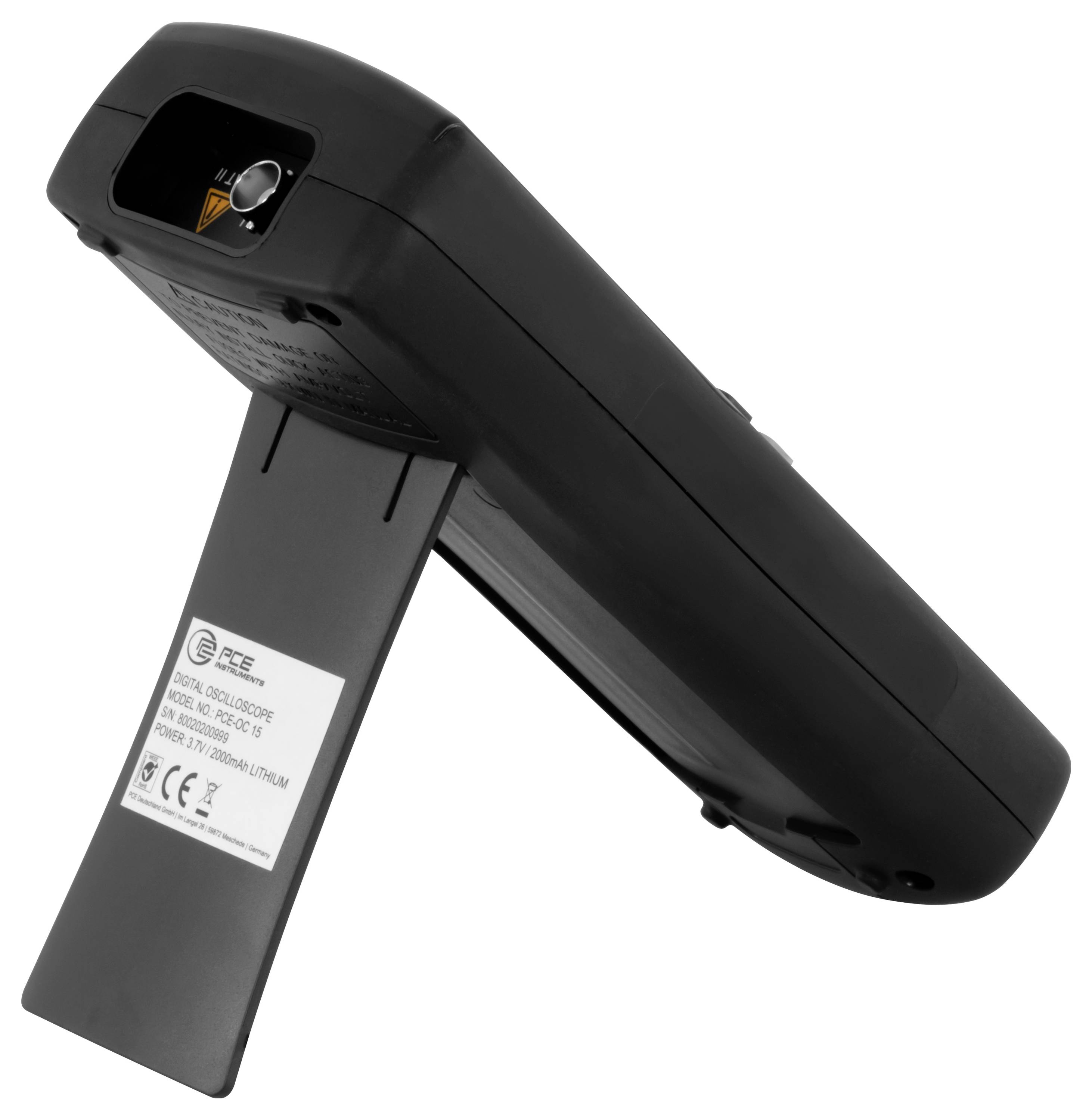 Black handheld barcode scanner with a battery or docked handle, shown in side view on a white background.