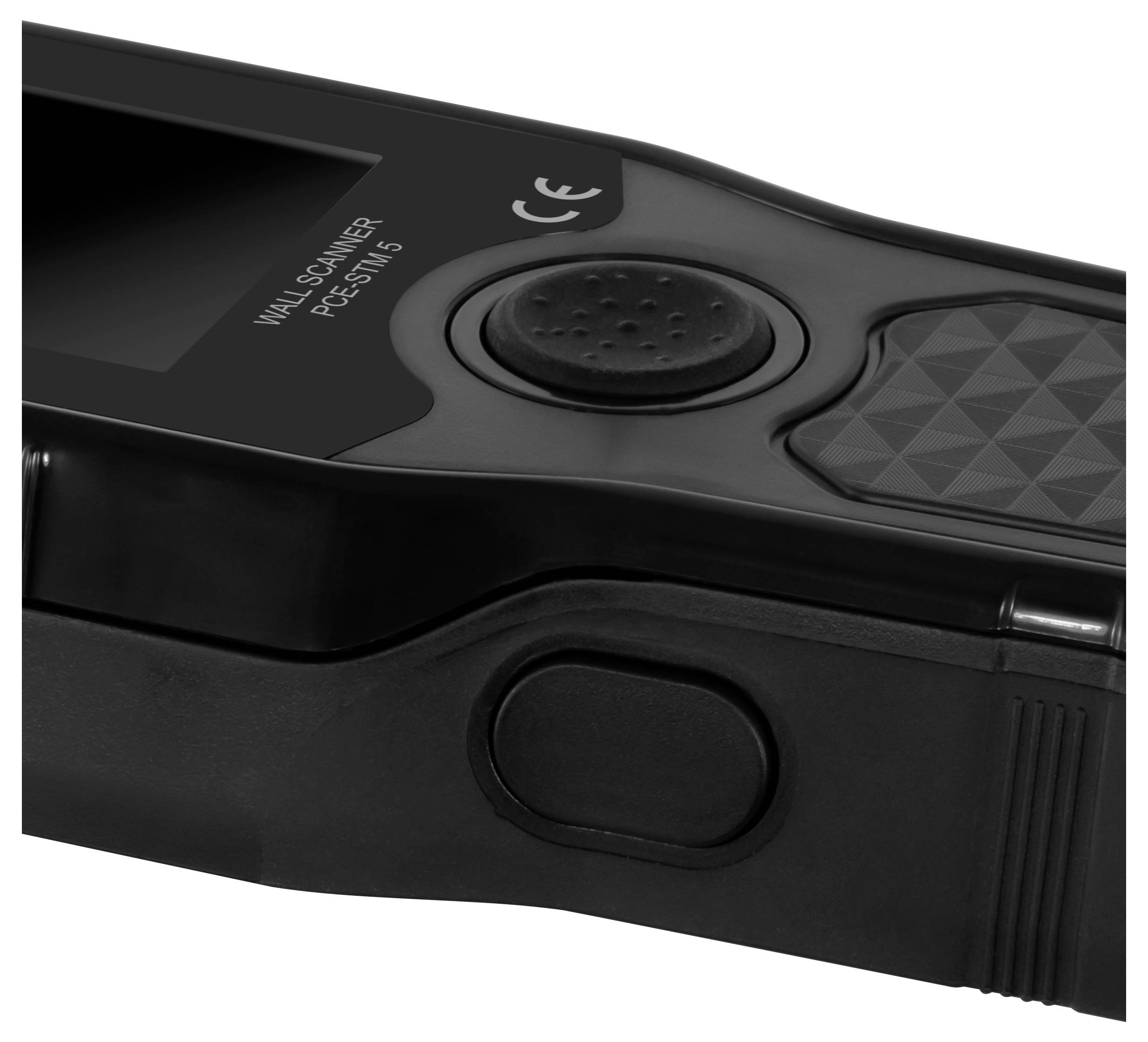Close-up of a black handheld wireless scanner with a display, circular button, and labeled 'MALC SCANNER PCS-OM5' text.