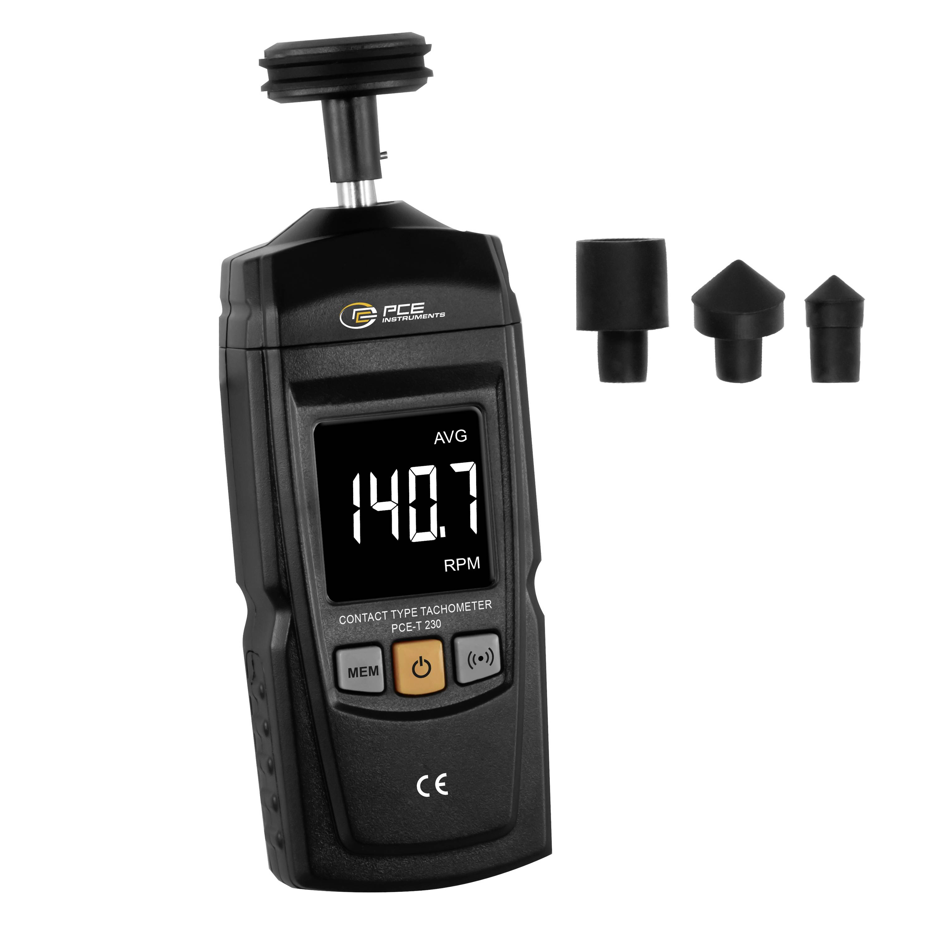 Tragbares Kontakttachometer zeigt 1407 U/min an, mit austauschbaren Gummispitzen, die neben dem Gerät angezeigt werden.