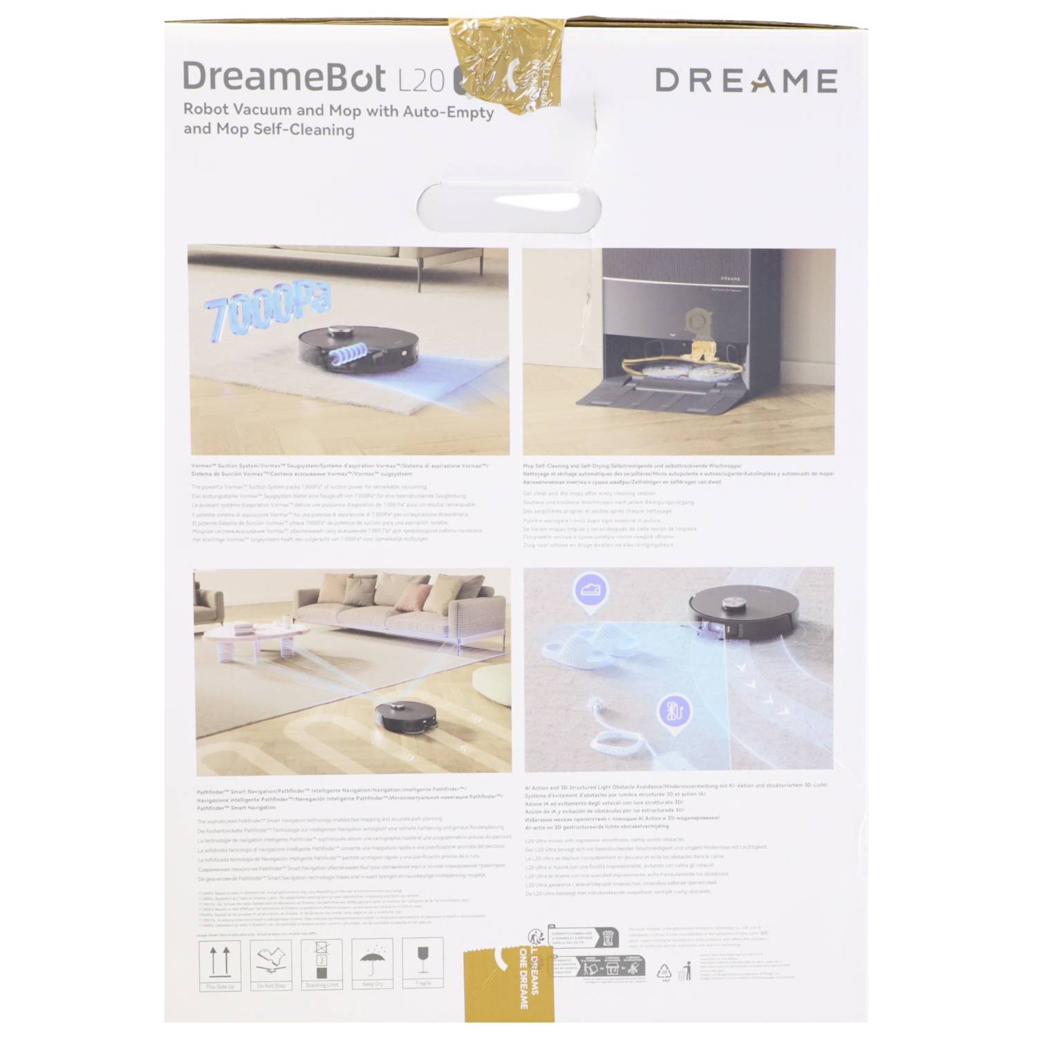 Back of a robotic vacuum cleaner packaging. Displays features such as automatic emptying and cleaning, with images of the robot in operation.