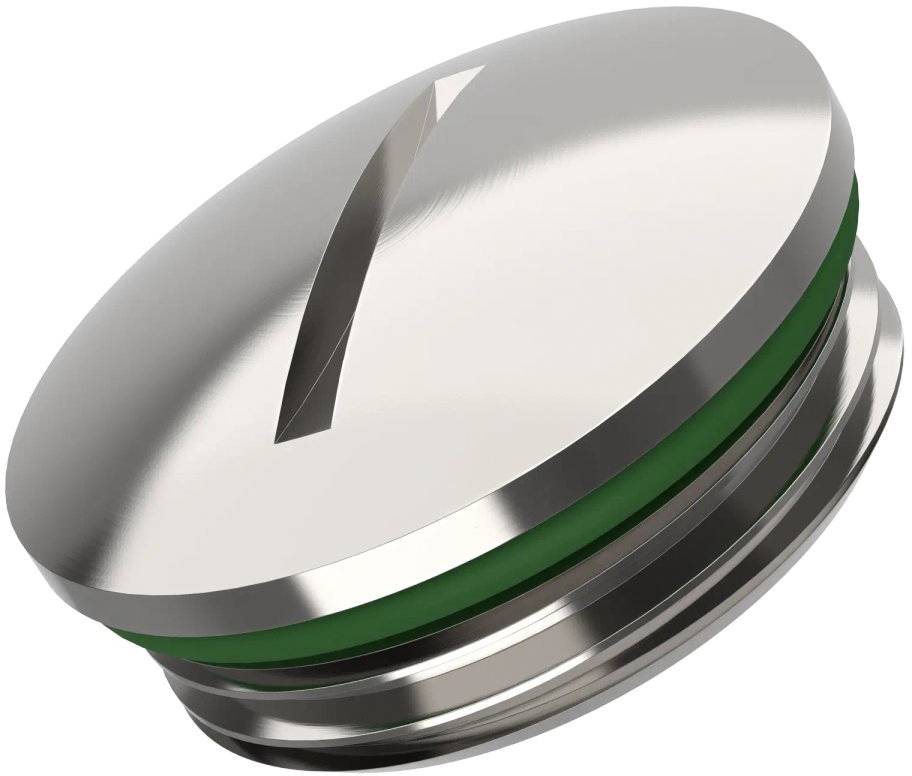A shiny, round metal screw cap with a green sealing layer and a slot on the top surface. Suitable for valves.