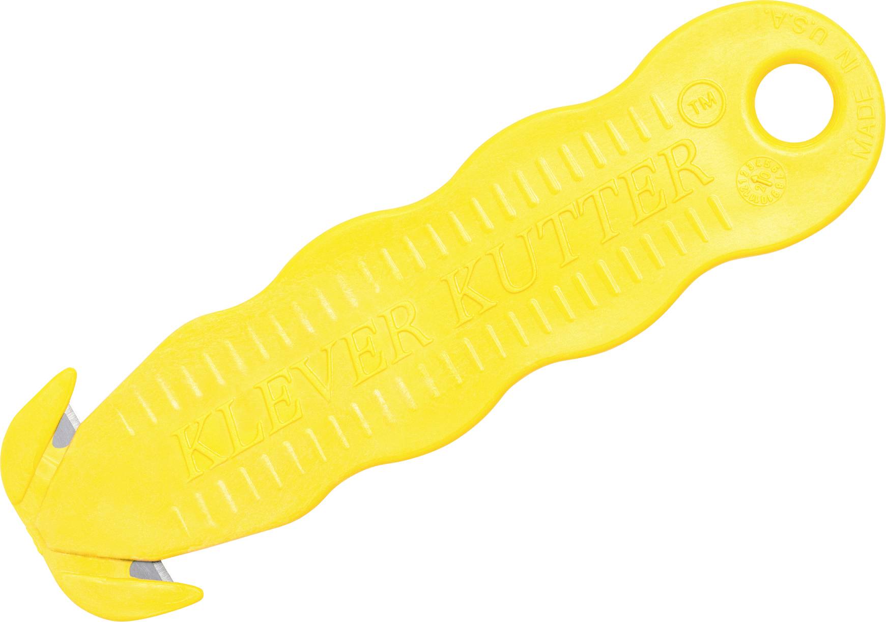 Yellow, handy cutting tool with an ergonomic handle and safety blades, ideal for cutting packaging or ropes.