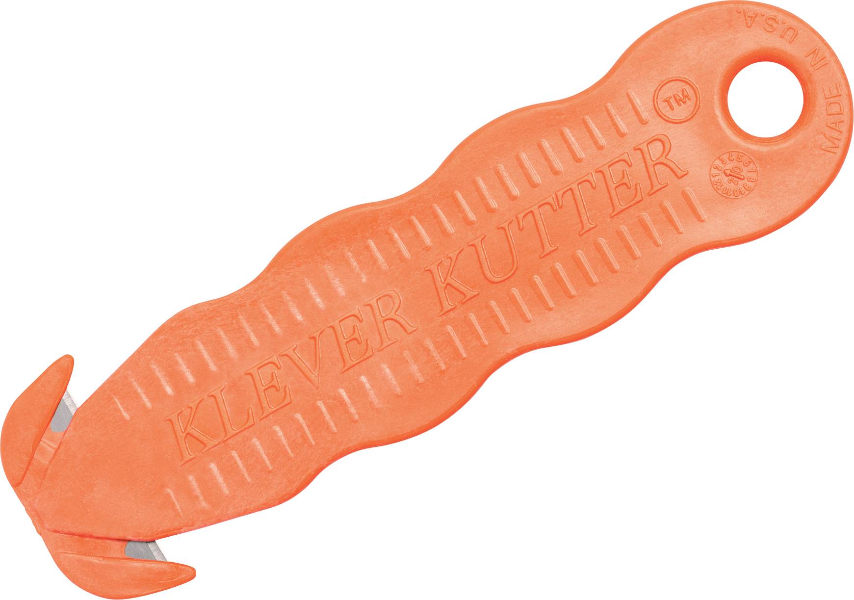 Orange safety knife with rounded edges and integrated blade guard, suitable for safely opening packaging.