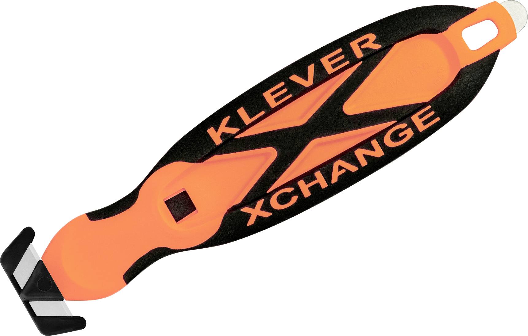 Orange safety knife with KLEVER XCHANGE printed on it, black handle, replaceable blade, suitable for cutting packaging.