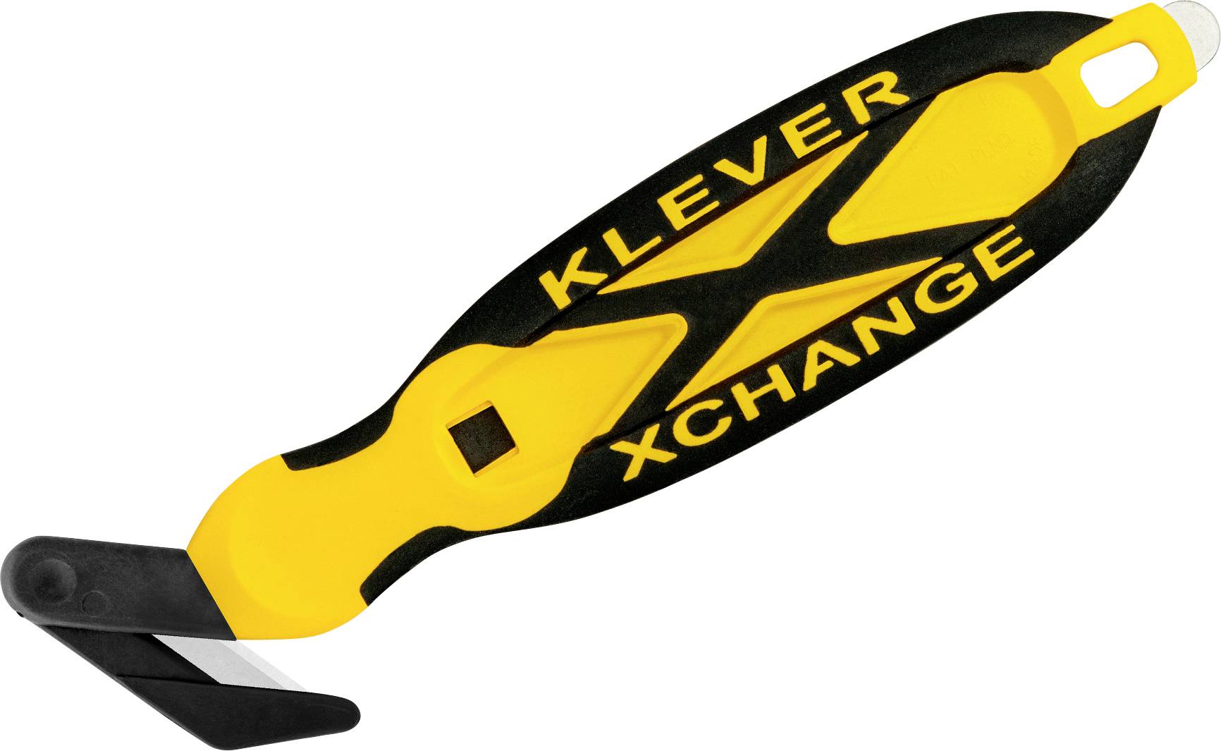 A yellow and black safety knife with 'Klever Xchange' written on the handle.