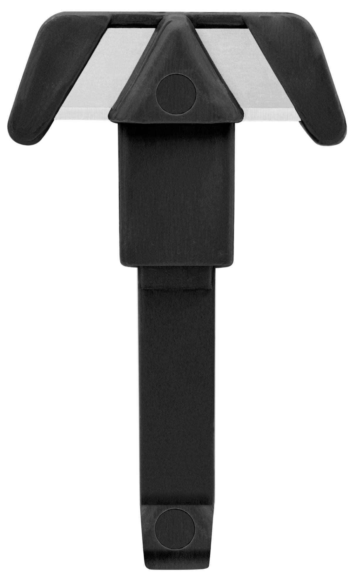 Black Rock-It Hook with a folding bracket and two rounded wings, ideal for space-saving storage on walls.