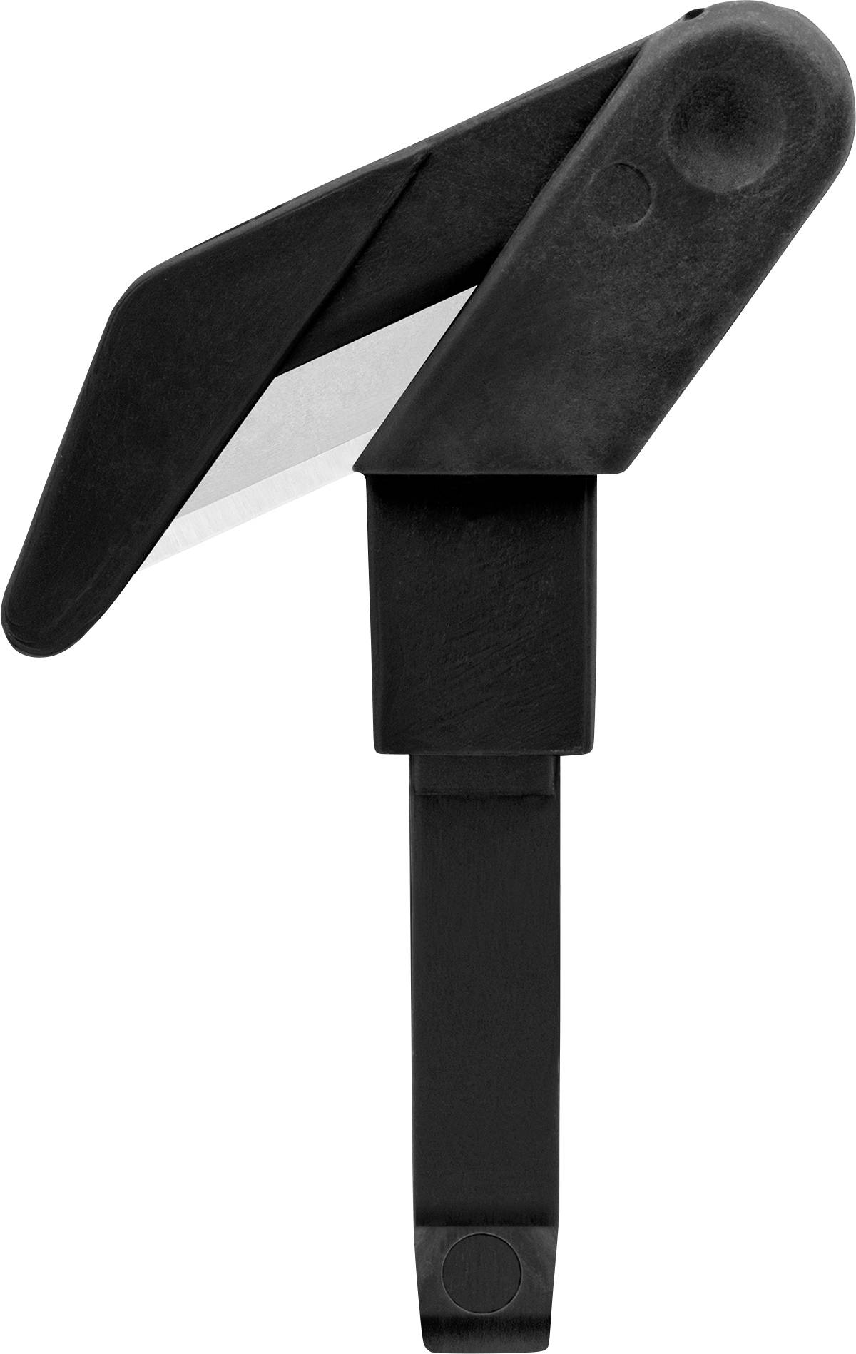 A black plastic bottle cap that can be opened with a metal lever.