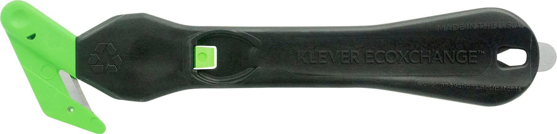 Black safety knife handle with green blade guard and embossed 'Klever EcoXChange' lettering, with built-in recycling symbol.