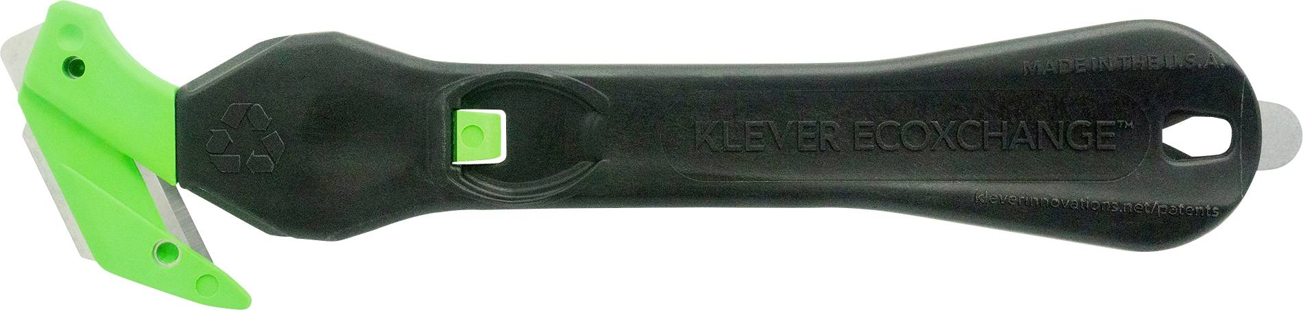 Black and green blade changer, shown from the side, with the inscription 'Klever Exchange'.