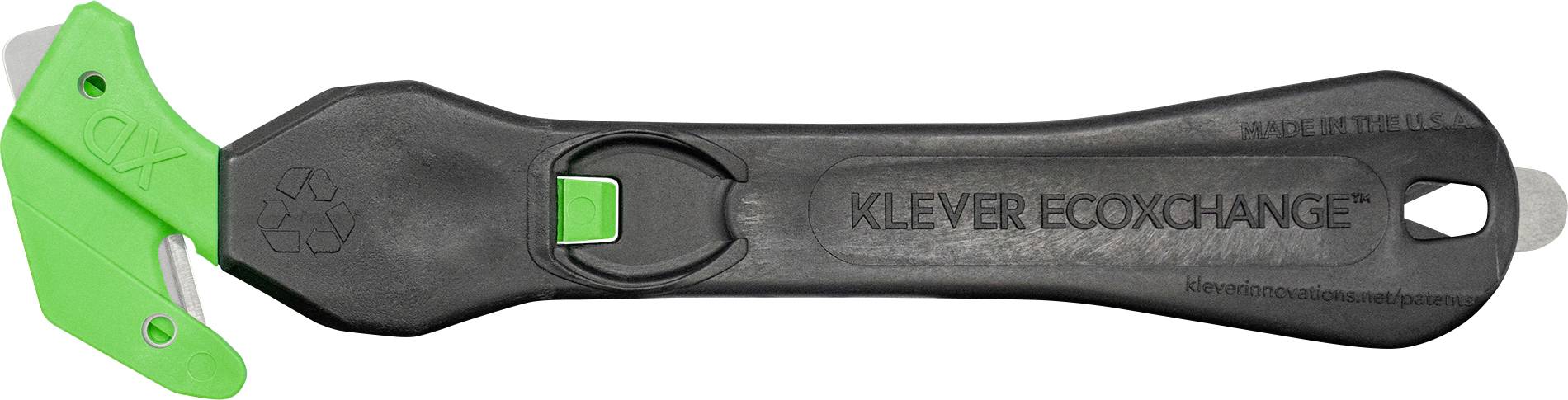 A black safety cutting tool with a green blade guard, described as 'Klever Eco XChange'. Ideal for safely cutting cardboard and packaging.