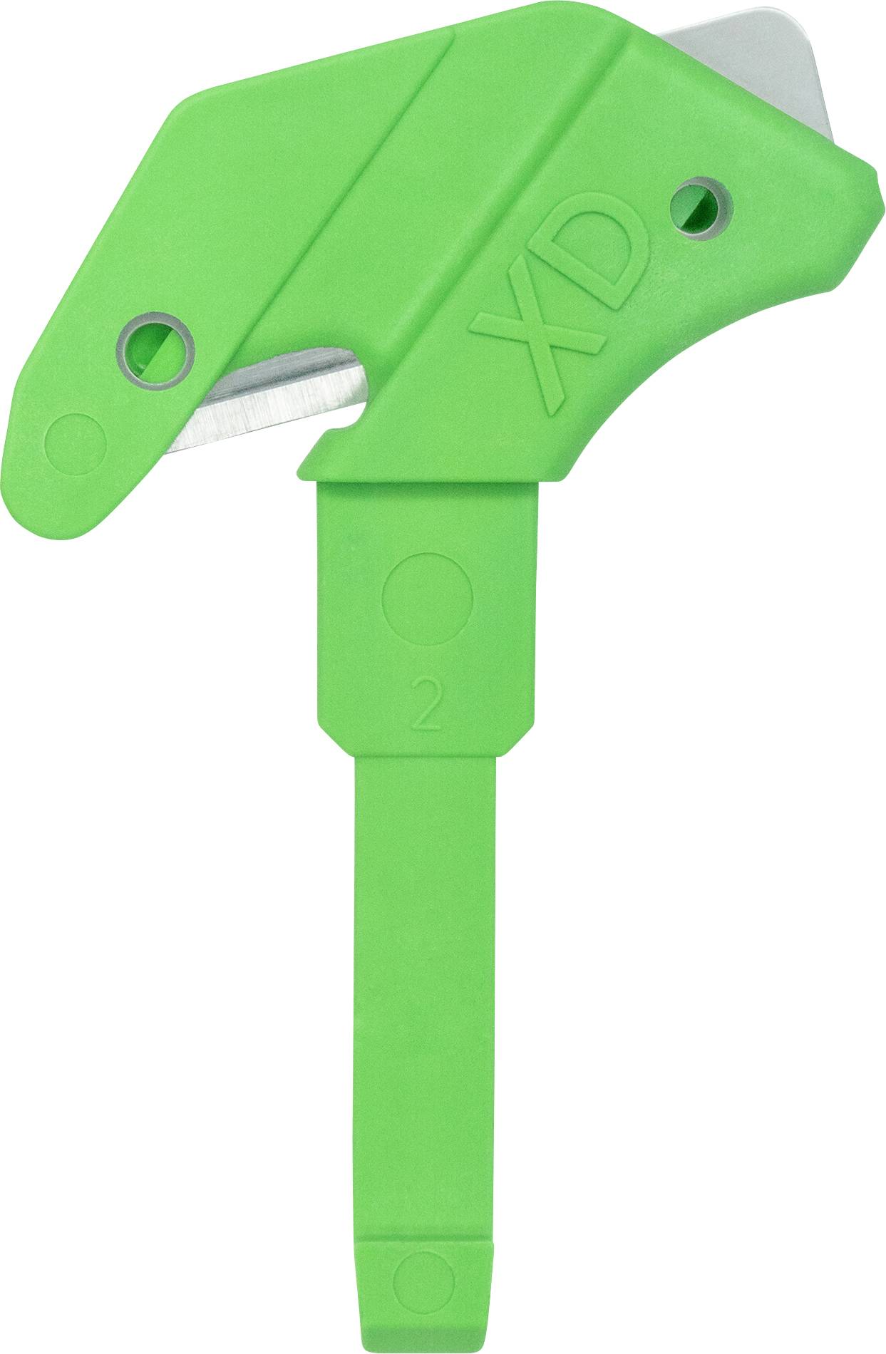 Green plastic tool with cutting blade and the inscription 'XD'.