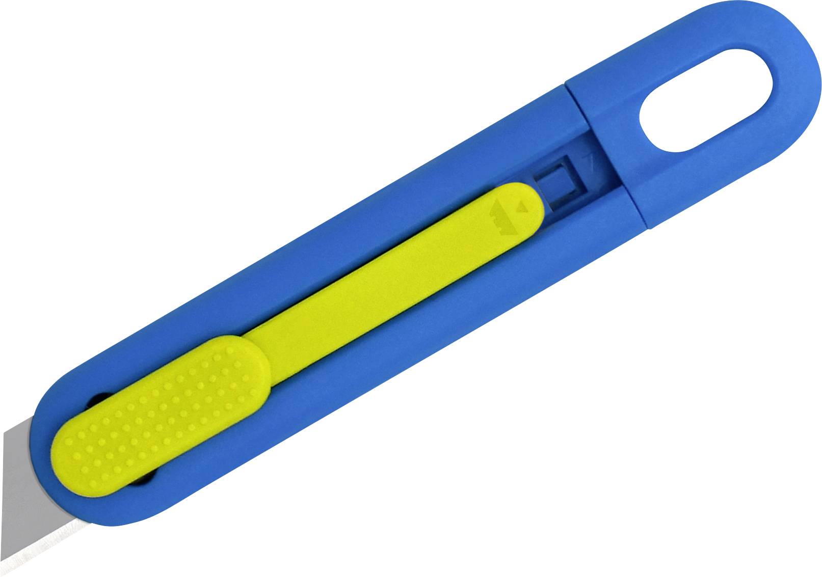 A blue and yellow safety knife with a protective cap. The handle is ergonomically shaped, and the blade slider is yellow.