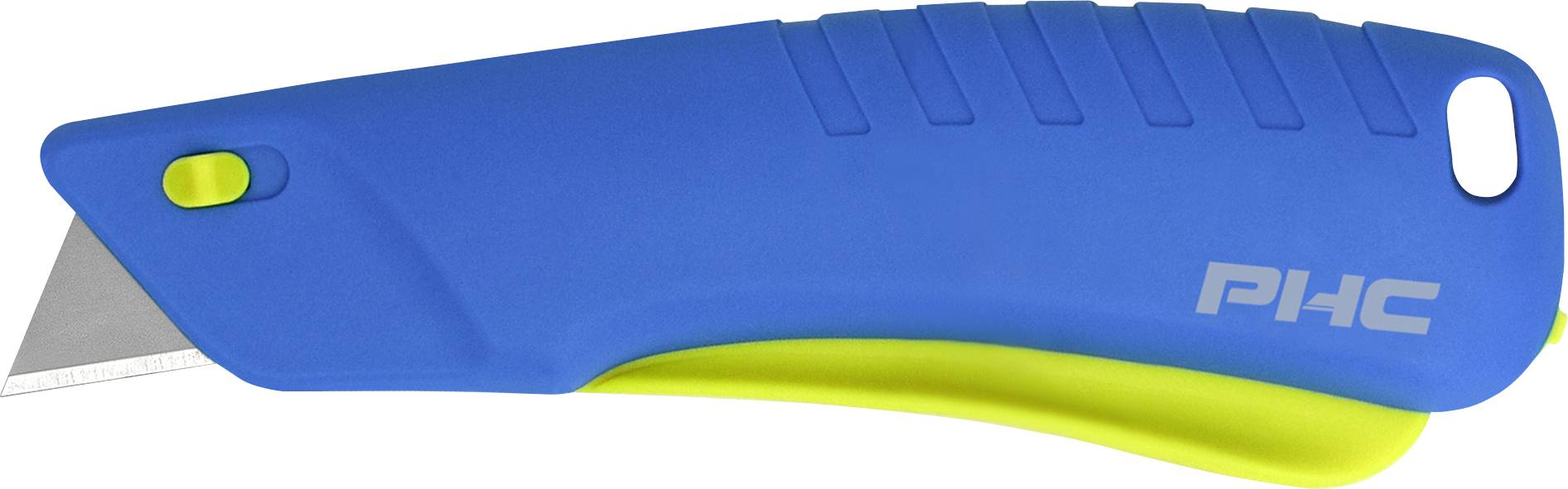 Blue utility knife with retractable blade and yellow button. Ideal for safely cutting cardboard and paper.