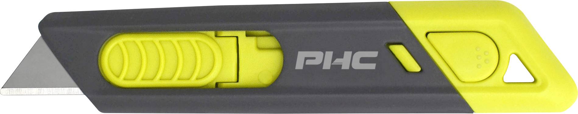 Grey and yellow safety knife with retractable blade and ergonomic handle.