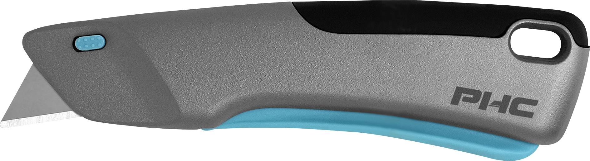 A grey safety knife with black and turquoise accents. It has a blade and a button to retract the blade.