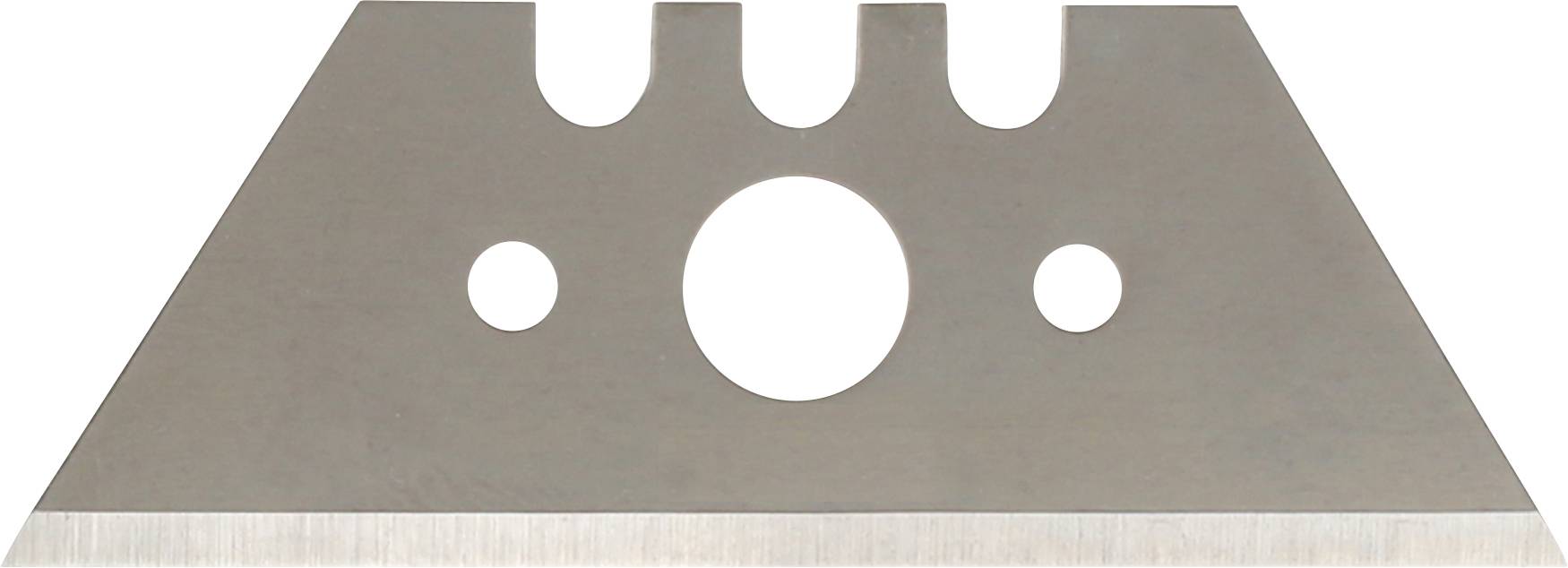 A rectangular metal blade with a sharp edge at the bottom and circular cut-outs at the top, typically used in utility knives.