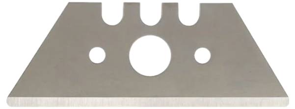 Triangular metal blade with a centrally positioned round hole and two side holes, with an ornamented edge. Commonly used in tools.