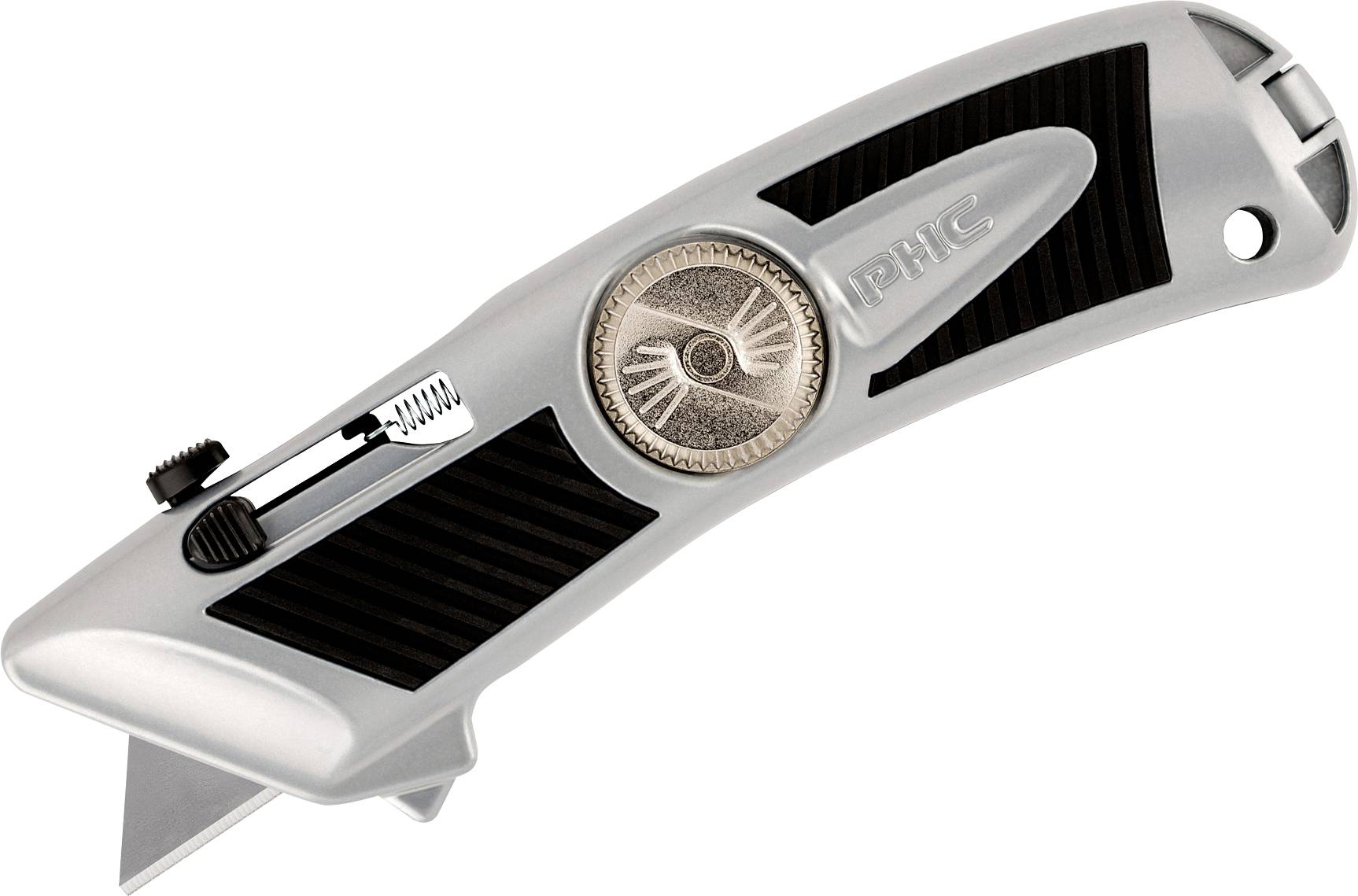 A silver safety knife with an ergonomic design and black grip area.