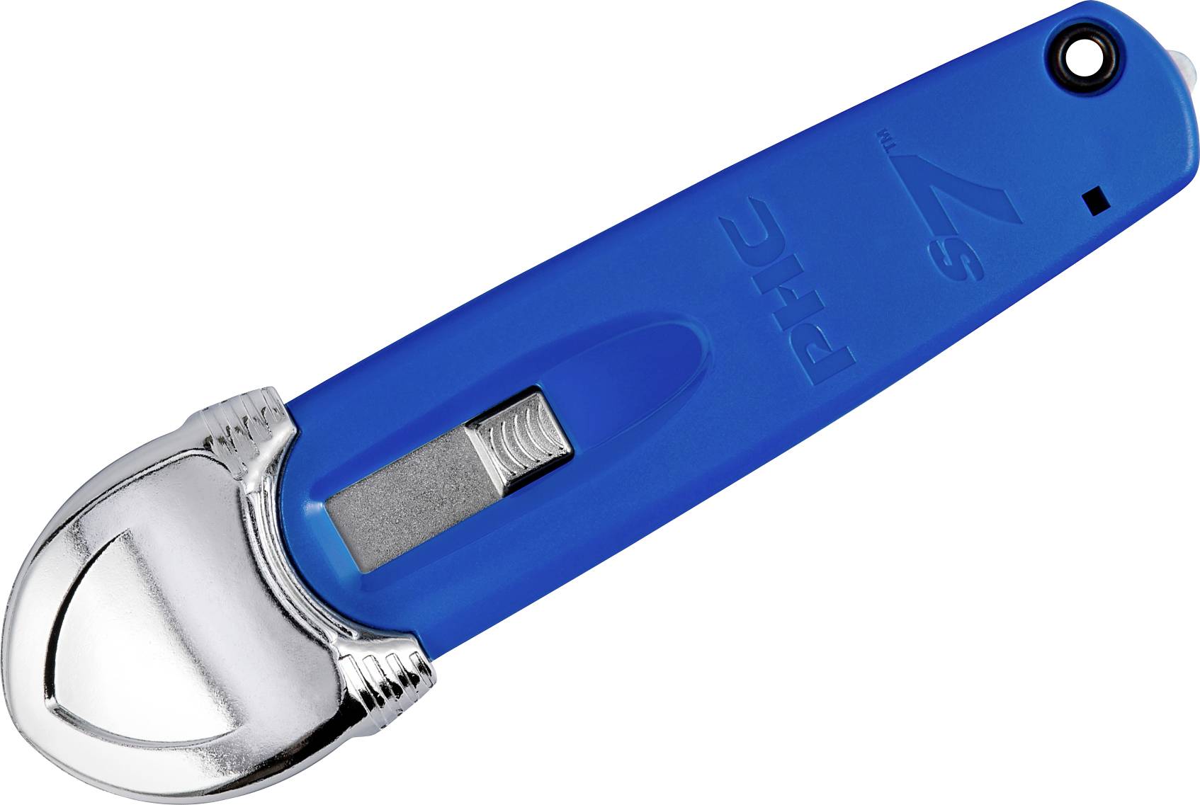 A blue safety knife with a silver blade and sliding mechanism on one side, used for safely cutting materials.