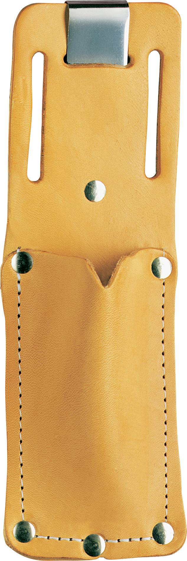A brown leather holster with a metal clip, suitable for attachment to a belt.