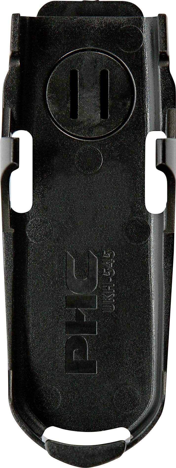 A black plastic clip with the engraving 'PHC'. It has rounded corners and a mounting bracket at the top.