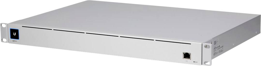 A white, flat network switch with an Ethernet port and an illuminated logo on the left side. Suitable for rack mounting.