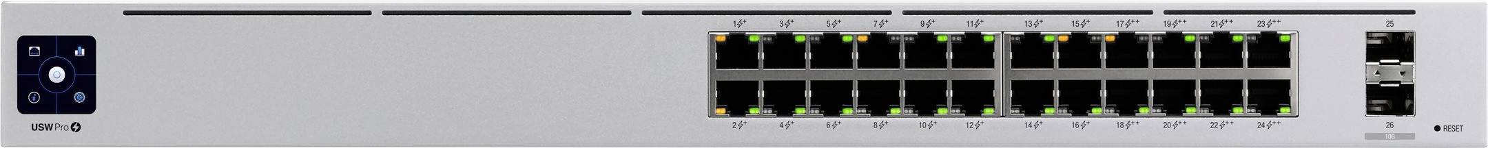 A network switch with 18 Ethernet ports and two additional ports on the right-hand side. Status indicator lights on top show connection status.