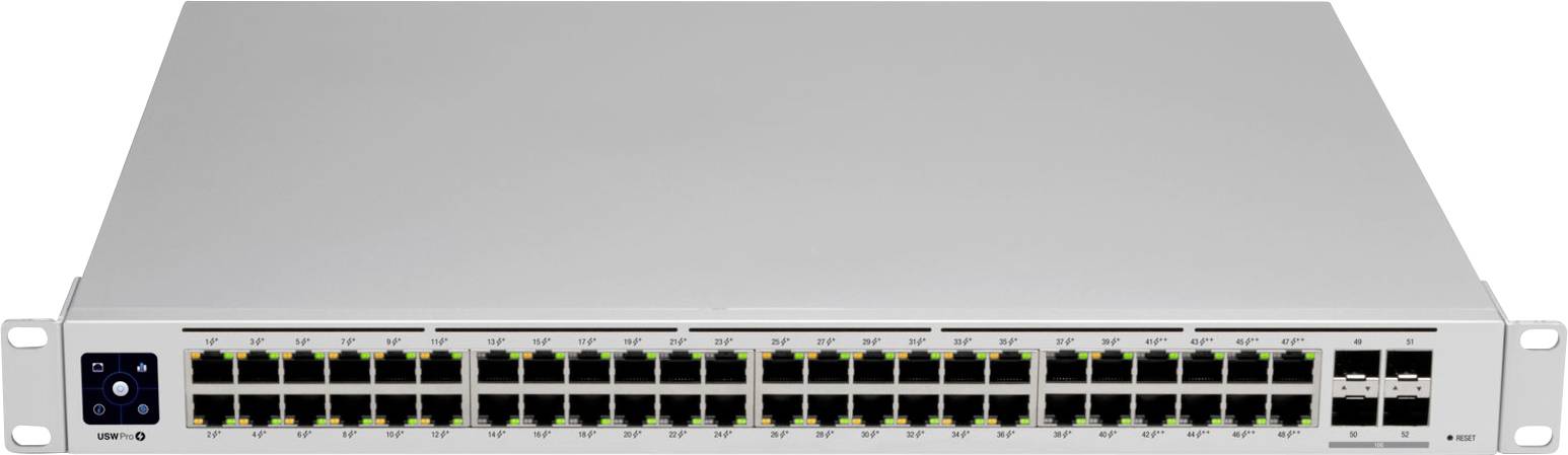 A network switch with 48 Ethernet ports, suitable for mounting in a server rack, displays status LEDs above the ports.