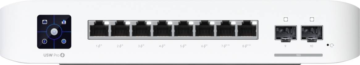 Network switch with eight Ethernet ports and two additional connections. The front panel displays status lights and ports.