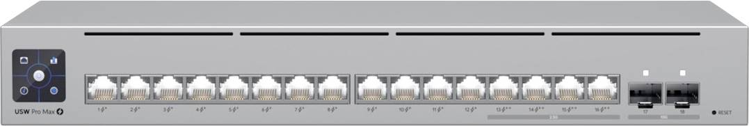 A grey network switch with 12 Ethernet ports and 2 fibre optic connections. A control panel is visible on the left.