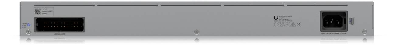 Grey rear view of a network switch with multiple Ethernet ports and power connection on the right. Suitable for professional networks.